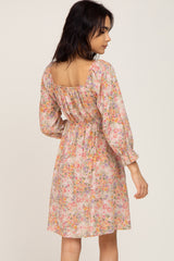 Taupe Floral Bubble Sleeve Dress