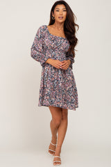 Navy Blue Floral Bubble Sleeve Dress