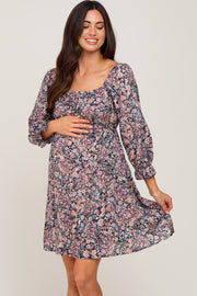 Navy Blue Floral Bubble Sleeve Maternity Dress