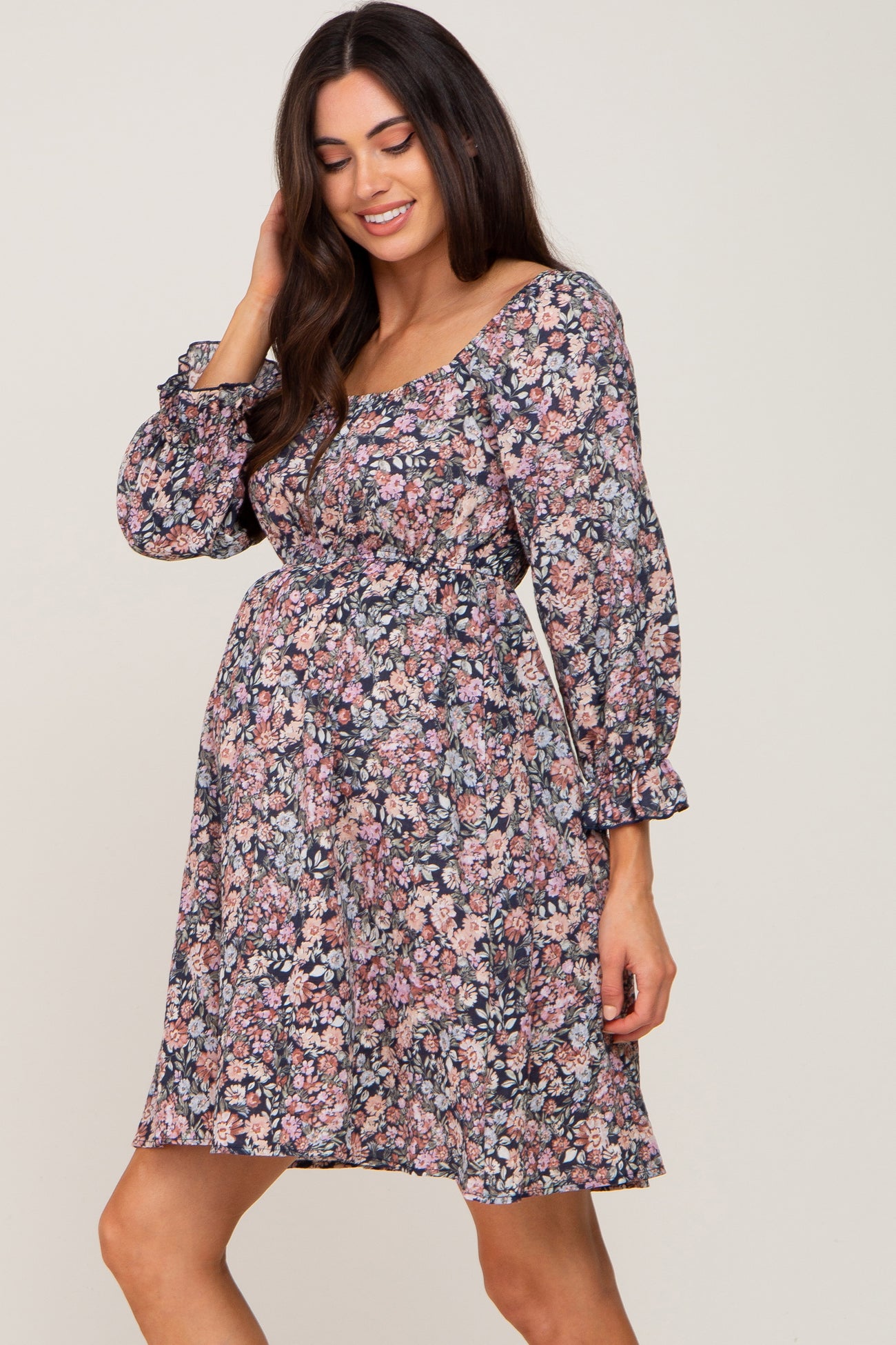 Navy Blue Floral Bubble Sleeve Maternity Dress– PinkBlush