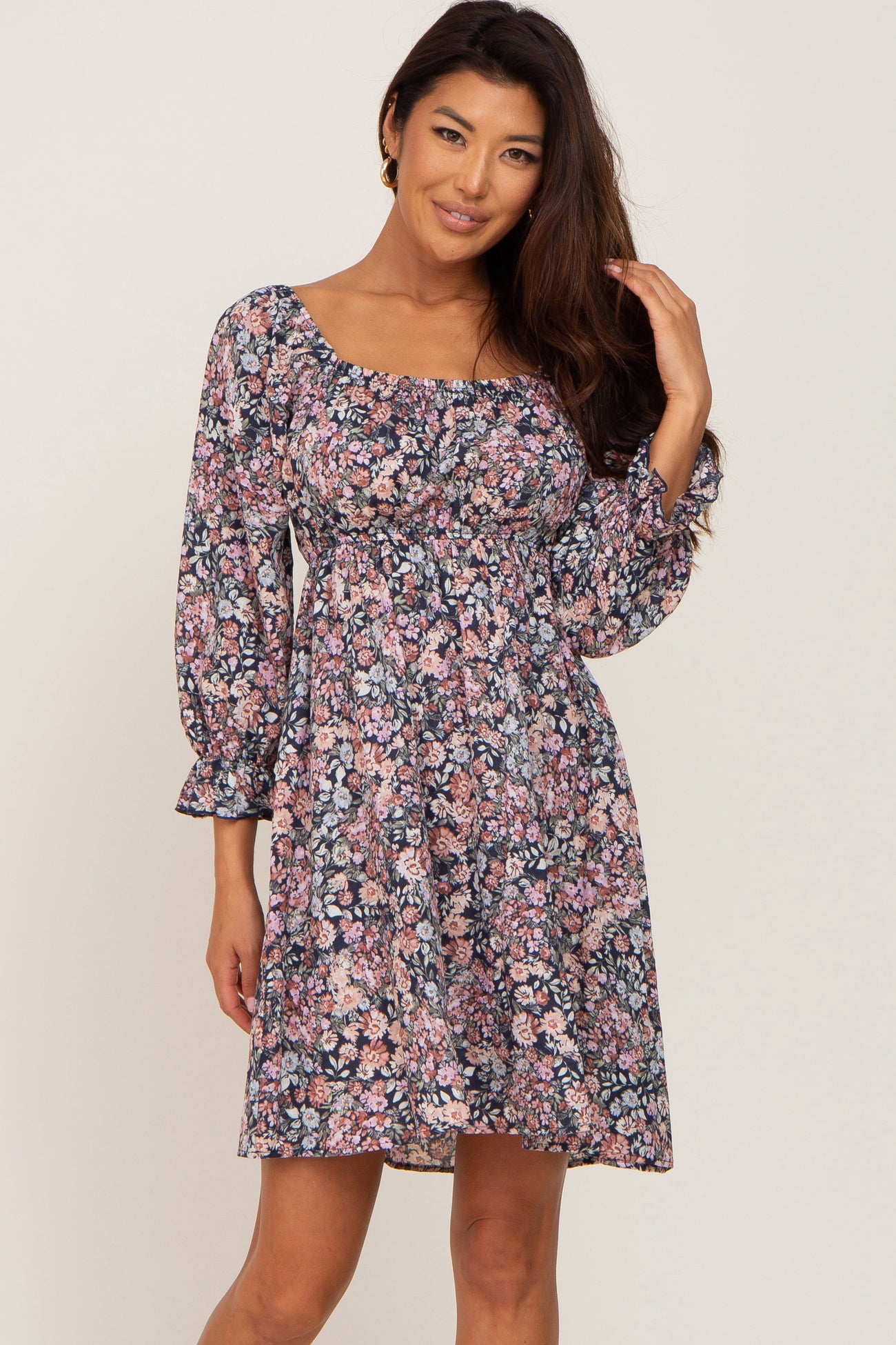 Navy Blue Floral Bubble Sleeve Dress– PinkBlush