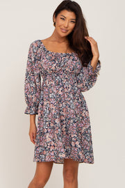 Navy Blue Floral Bubble Sleeve Dress