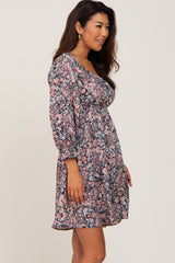 Navy Blue Floral Bubble Sleeve Dress