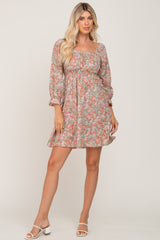 Light Olive Floral Bubble Sleeve Dress