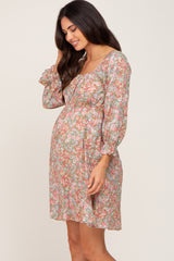 Light Olive Floral Bubble Sleeve Maternity Dress