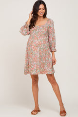 Light Olive Floral Bubble Sleeve Maternity Dress