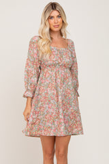 Light Olive Floral Bubble Sleeve Dress