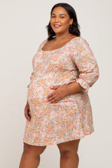 Taupe Floral Bubble Sleeve Maternity Plus Dress