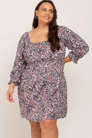 Navy Blue Floral Bubble Sleeve Plus Dress