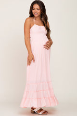 Light Pink Smocked Caged Back Maternity Dress