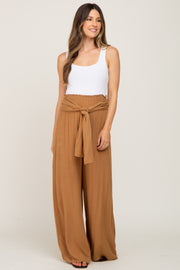 Camel High Waist Tie Front Wide Maternity Pants