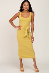 Yellow Brushed Ribbed Front Tie Midi Dress