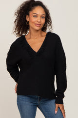 Black Fringe Trim Rib Knit Maternity Hoodie