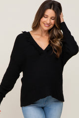 Black Fringe Trim Rib Knit Maternity Hoodie