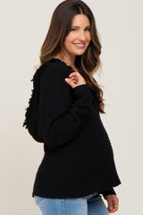 Black Fringe Trim Rib Knit Maternity Hoodie