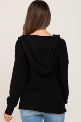 Black Fringe Trim Rib Knit Maternity Hoodie