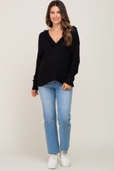 Black Fringe Trim Rib Knit Maternity Hoodie