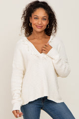 Ivory Fringe Trim Rib Knit Maternity Hoodie