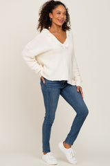 Ivory Fringe Trim Rib Knit Hoodie