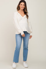 Ivory Fringe Trim Rib Knit Maternity Hoodie