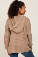 Mocha Fringe Trim Rib Knit Hoodie