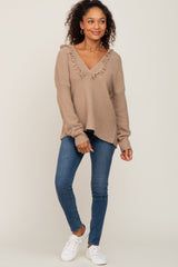 Mocha Fringe Trim Rib Knit Hoodie