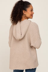 Beige Fringe Trim Rib Knit Hoodie