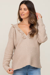 Beige Fringe Trim Rib Knit Maternity Hoodie