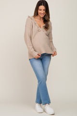 Beige Fringe Trim Rib Knit Maternity Hoodie