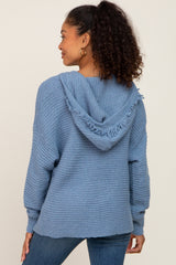 Blue Fringe Trim Rib Knit Hoodie