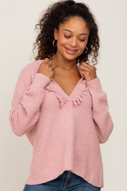 Pink Fringe Trim Rib Knit Hoodie