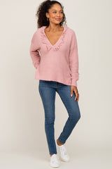 Pink Fringe Trim Rib Knit Hoodie