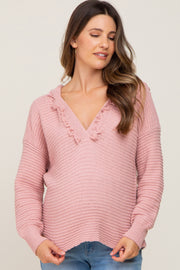 Pink Fringe Trim Rib Knit Maternity Hoodie