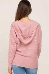 Pink Fringe Trim Rib Knit Maternity Hoodie