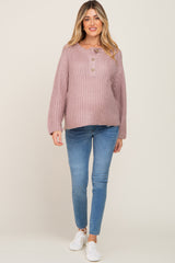 Mauve Open Knit Button Front Maternity Sweater