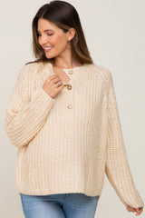 Beige Open Knit Button Front Maternity Sweater