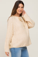 Beige Open Knit Button Front Maternity Sweater