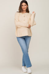 Beige Open Knit Button Front Maternity Sweater