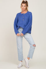 Blue Open Knit Button Front Sweater