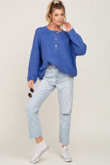 Blue Open Knit Button Front Sweater