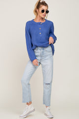 Blue Open Knit Button Front Sweater