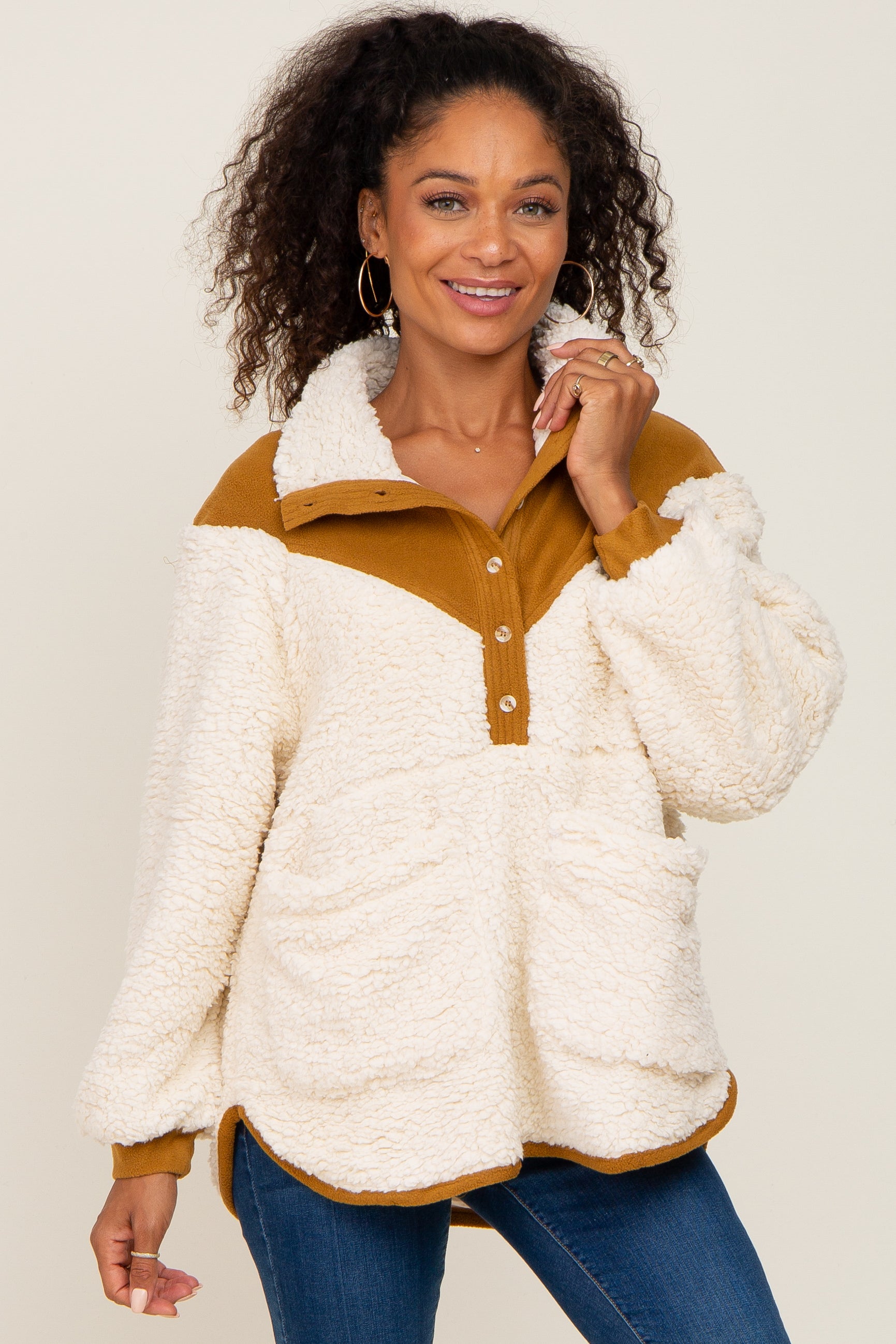 Cream Fleece Sherpa Contrast Pullover PinkBlush