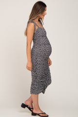 Black Printed Ribbed Shoulder Tie Ruched Maternity Dress