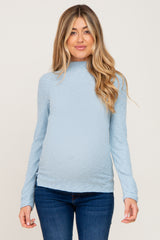 Light Blue Brushed Ribbed Mock Neck Maternity Top