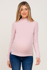 Pink Brushed Ribbed Mock Neck Maternity Top