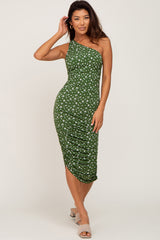 Olive Floral Ruched One Shoulder Maternity Dress