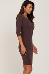 Brown Ribbed 3/4 Sleeve Dress