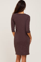 Brown Ribbed 3/4 Sleeve Dress