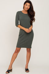 Olive Ribbed 3/4 Sleeve Dress