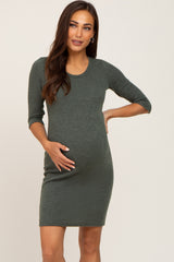 Olive Ribbed 3/4 Sleeve Maternity Dress